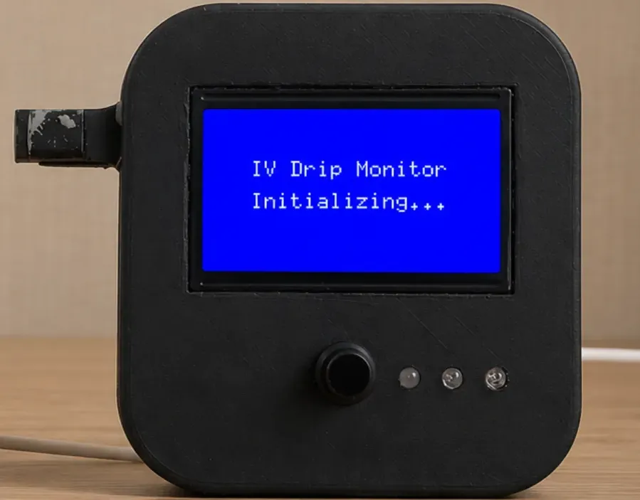 The CareFlow monitor clipped to the drip chamber of an IV giving set